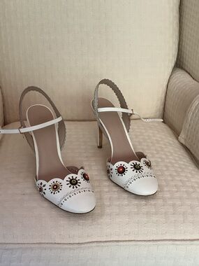Tory Burch White Floral Cutout Slingback Heels with Multicolor Flower Accents